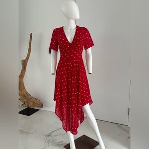 Maje Raola Red Embroidered Crepe Asymmetrical Midi Dress Size 36